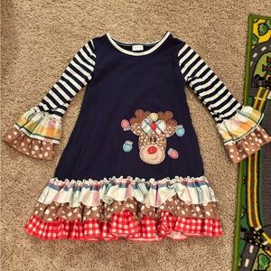 Charming Kids Dress with Reindeer, Stripes & Ruffles | Girls L (5)